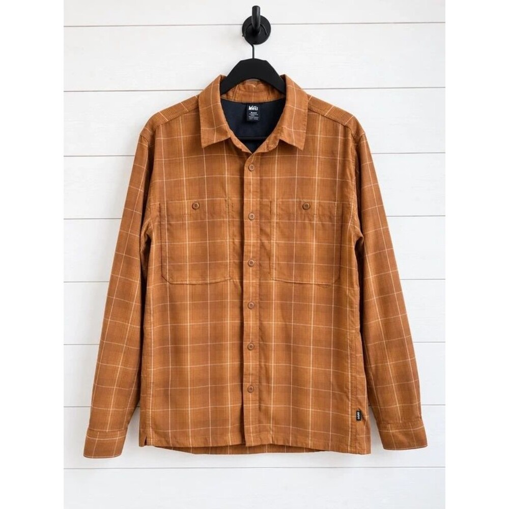 M REI Co-op BlueSign Plaid Hiking Shirt Brown Outdoor Button Front